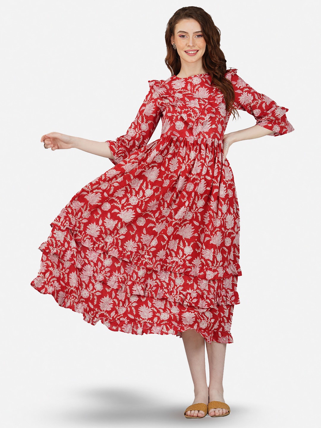 

Twilldor Floral Printed Cotton Ruffled Fit & Flare Midi Dress, Red