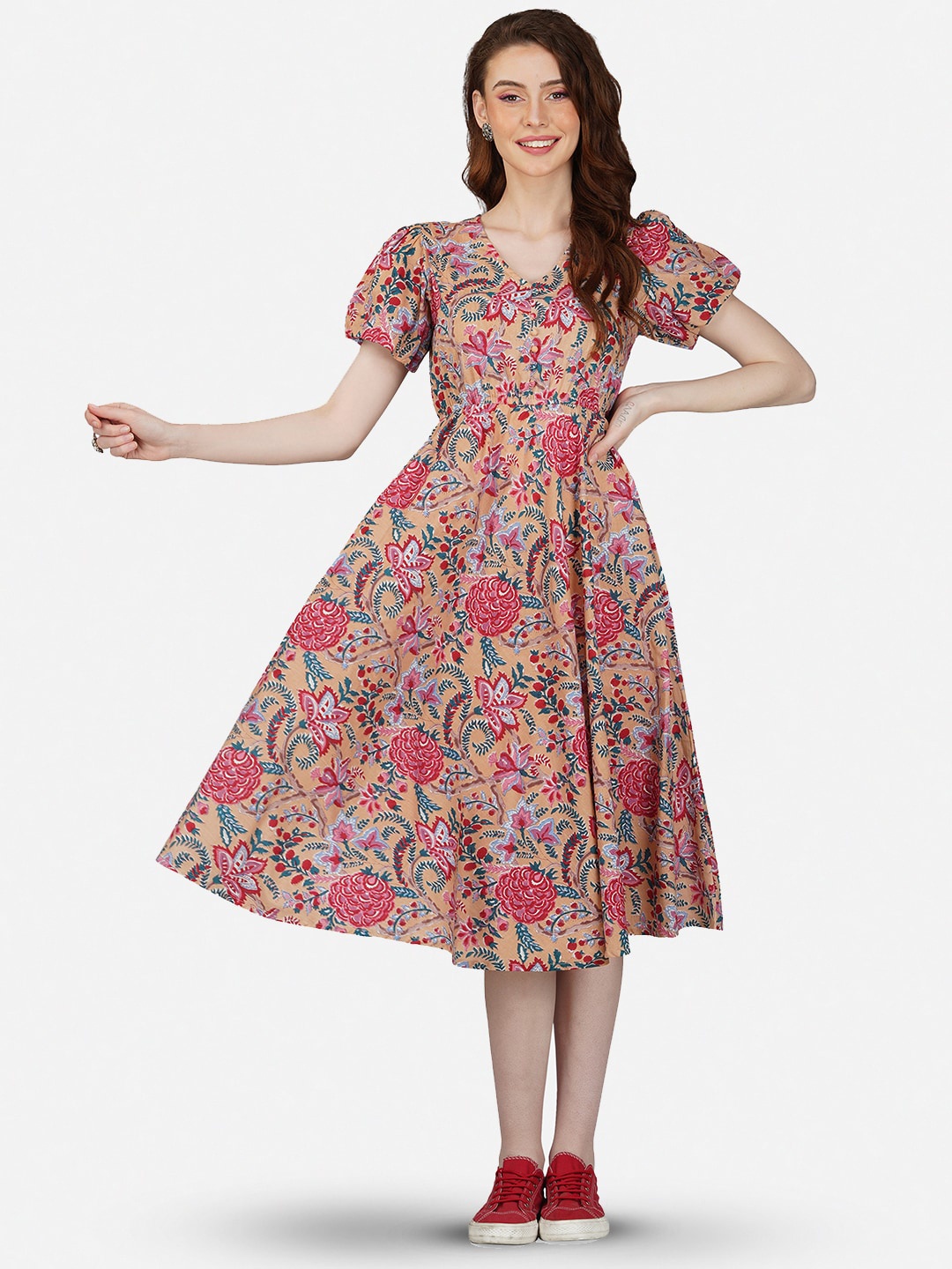 

GULAB CHAND TRENDS V-Neck Floral Printed Casual Cotton Midi Dress, Brown