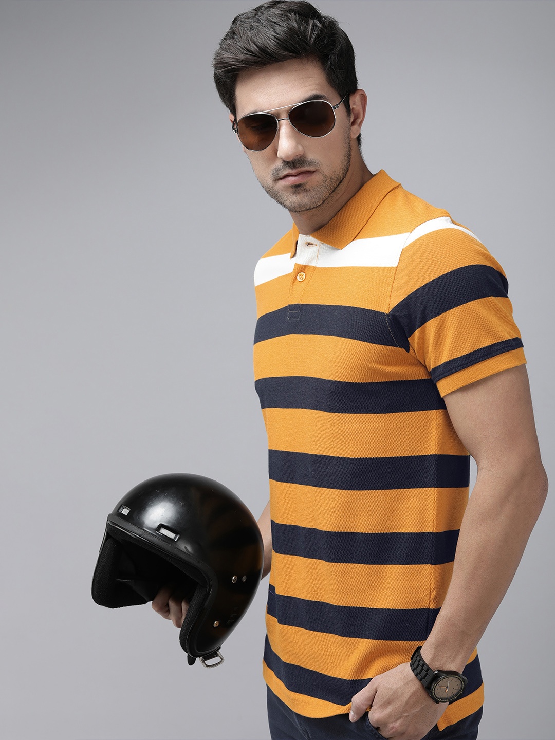 

Roadster Striped Polo Collar Pure Cotton T-shirt, Yellow