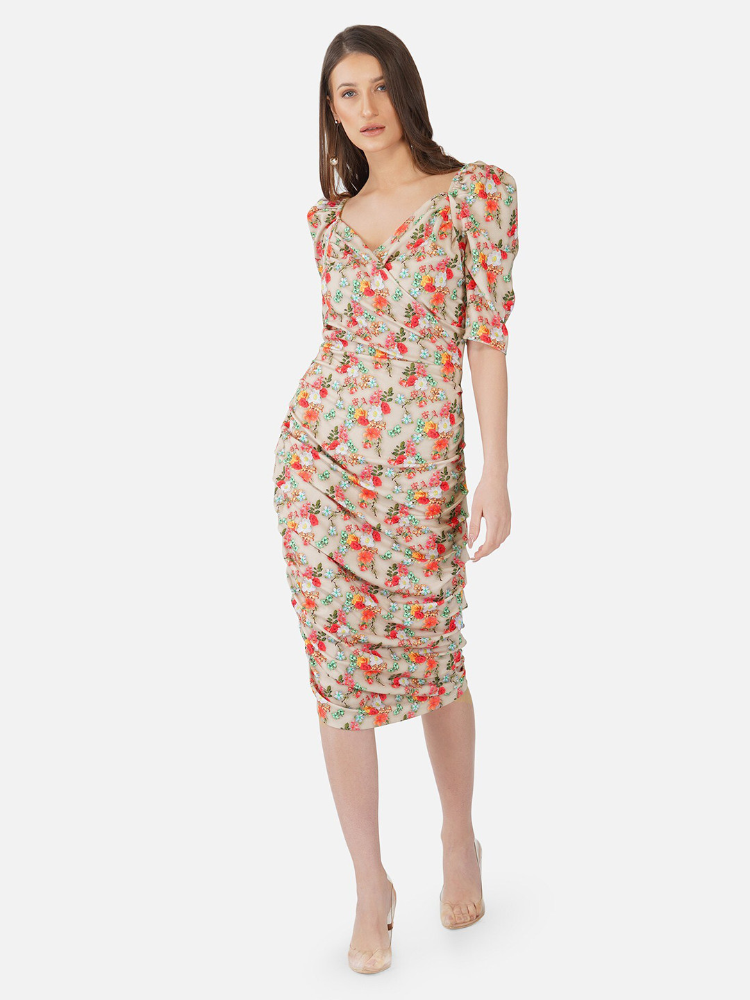

FAVRIZ Floral Printed Puff Sleeves Ruched Wrap Dress, Beige
