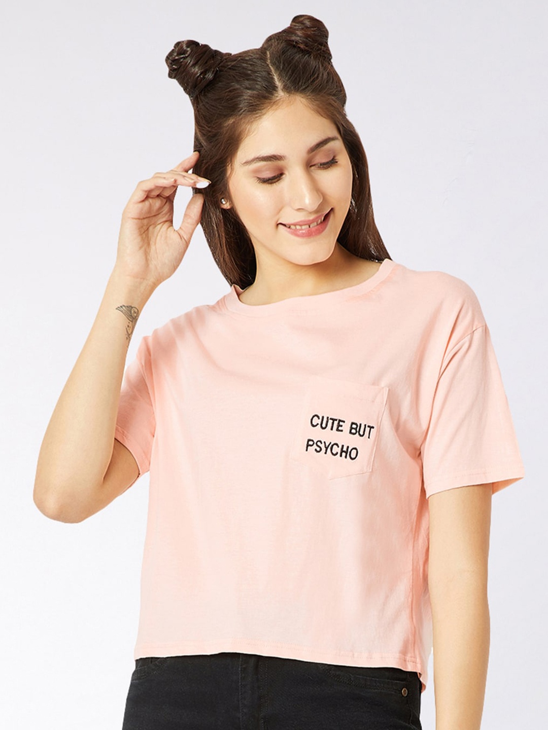 

Miss Chase Drop-Shoulder Sleeves Placement Printed Oversized Cotton T-shirt, Peach