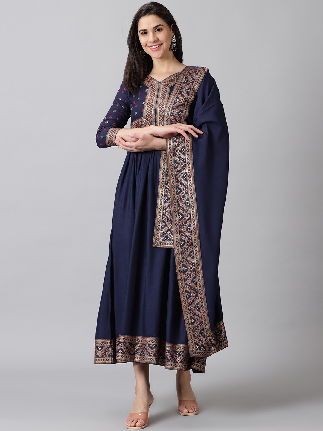 

PURSHOTTAM WALA Ethnic Motifs Yoke Design Anarkali Kurta With Dupatta, Blue