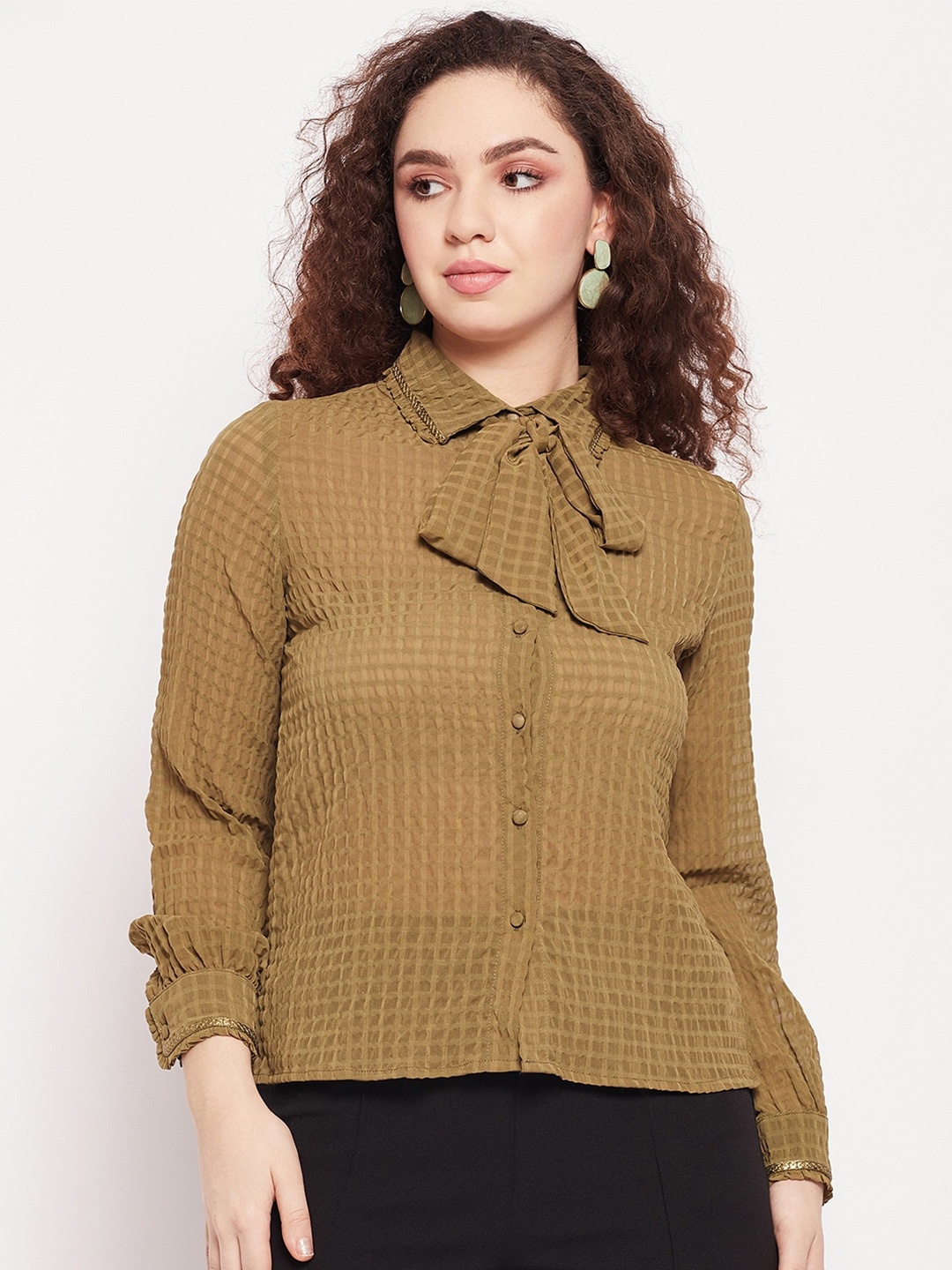 

Madame Spread Collar Self Design Tie-Up Checked Casual Shirt, Olive