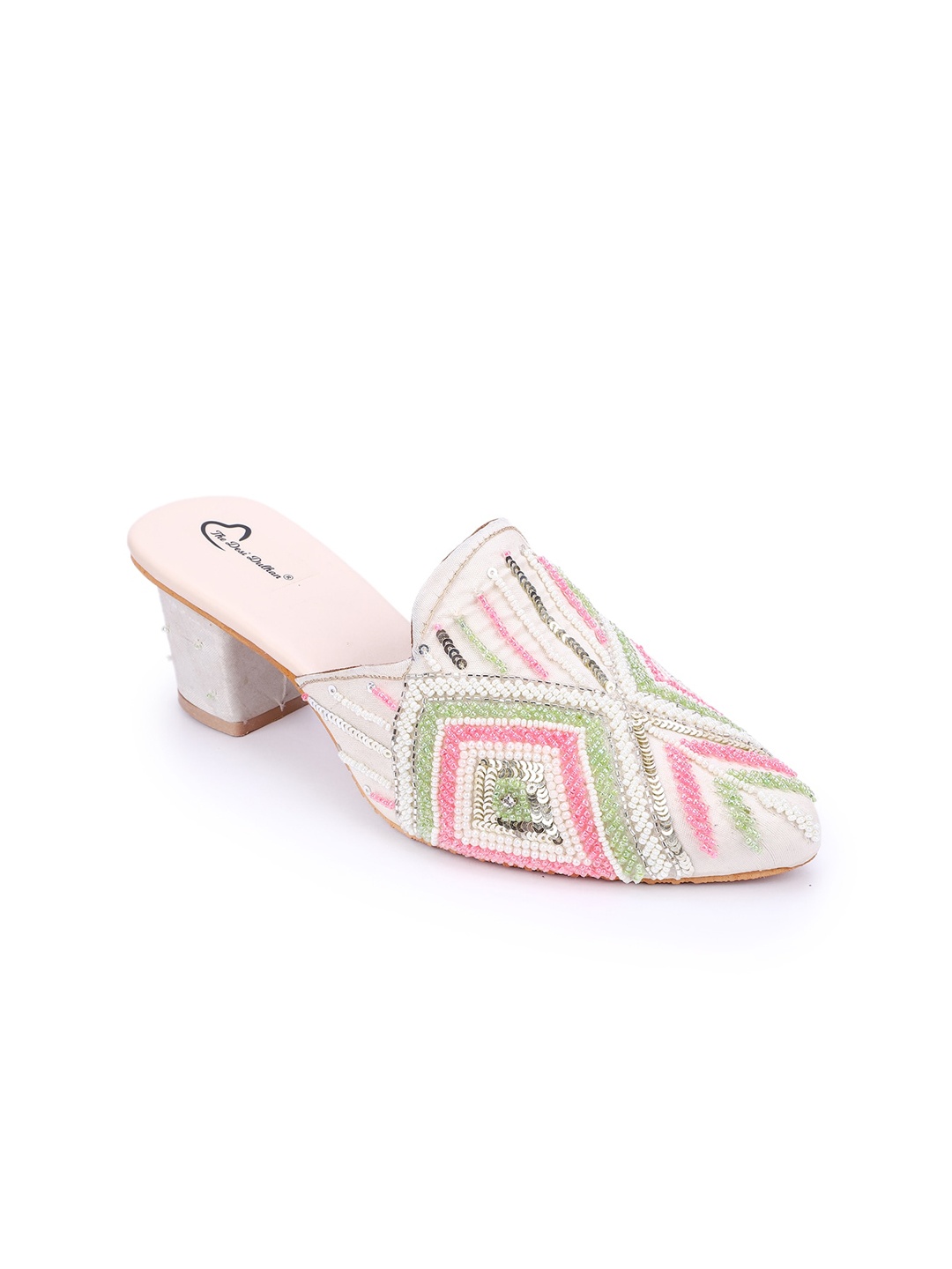 

The Desi Dulhan Pointed Toe Embellished Block Heel Mules, White