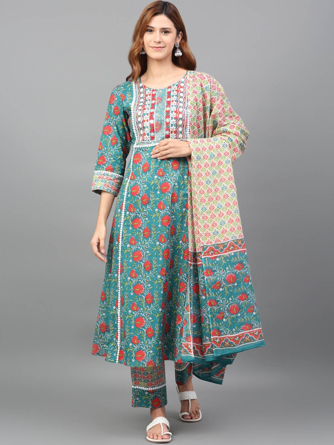 

KALINI Floral Printed Thread Work Pure Cotton Kurta With Trousers & Dupatta, Teal