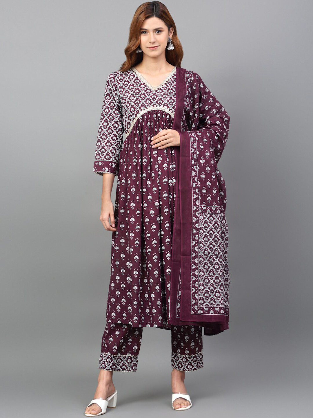 

KALINI Printed Gotta Patti Empire Pure Cotton Kurta with Palazzos & With Dupatta, Coffee brown