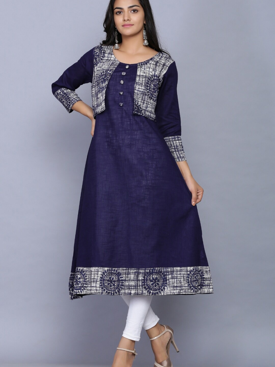 

KALINI Floral Printed A-Line Cotton Kurta, Navy blue