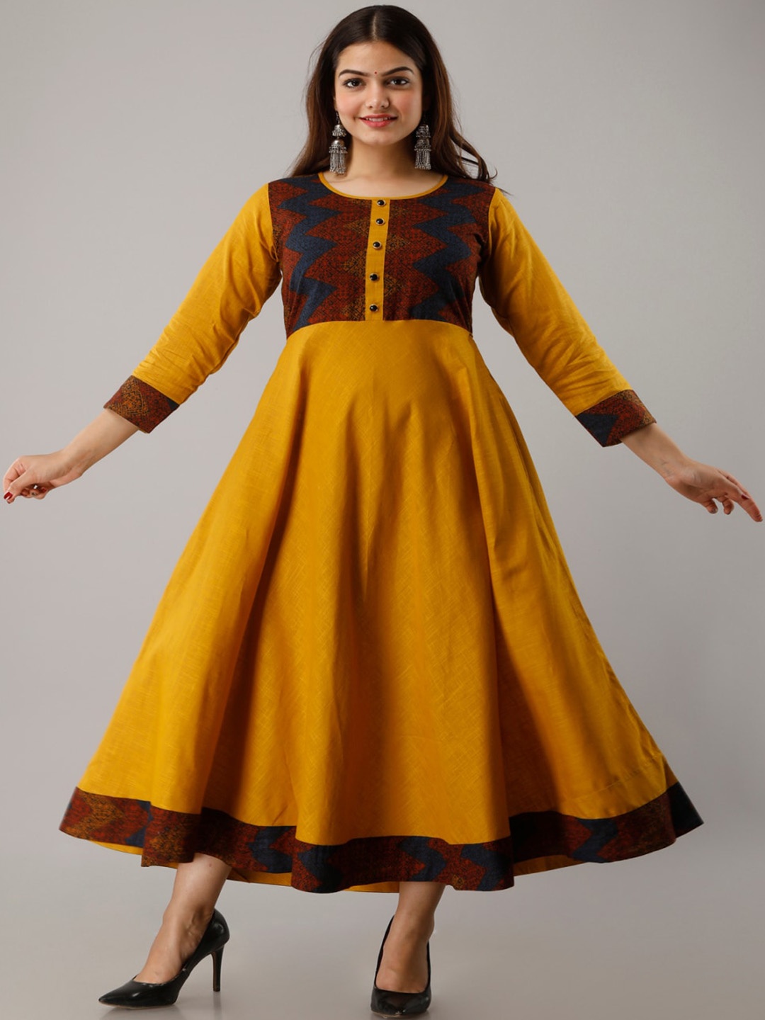 

KALINI Ethnic Motifs Printed Cotton Round Neck Empire Ethnic Dress, Yellow