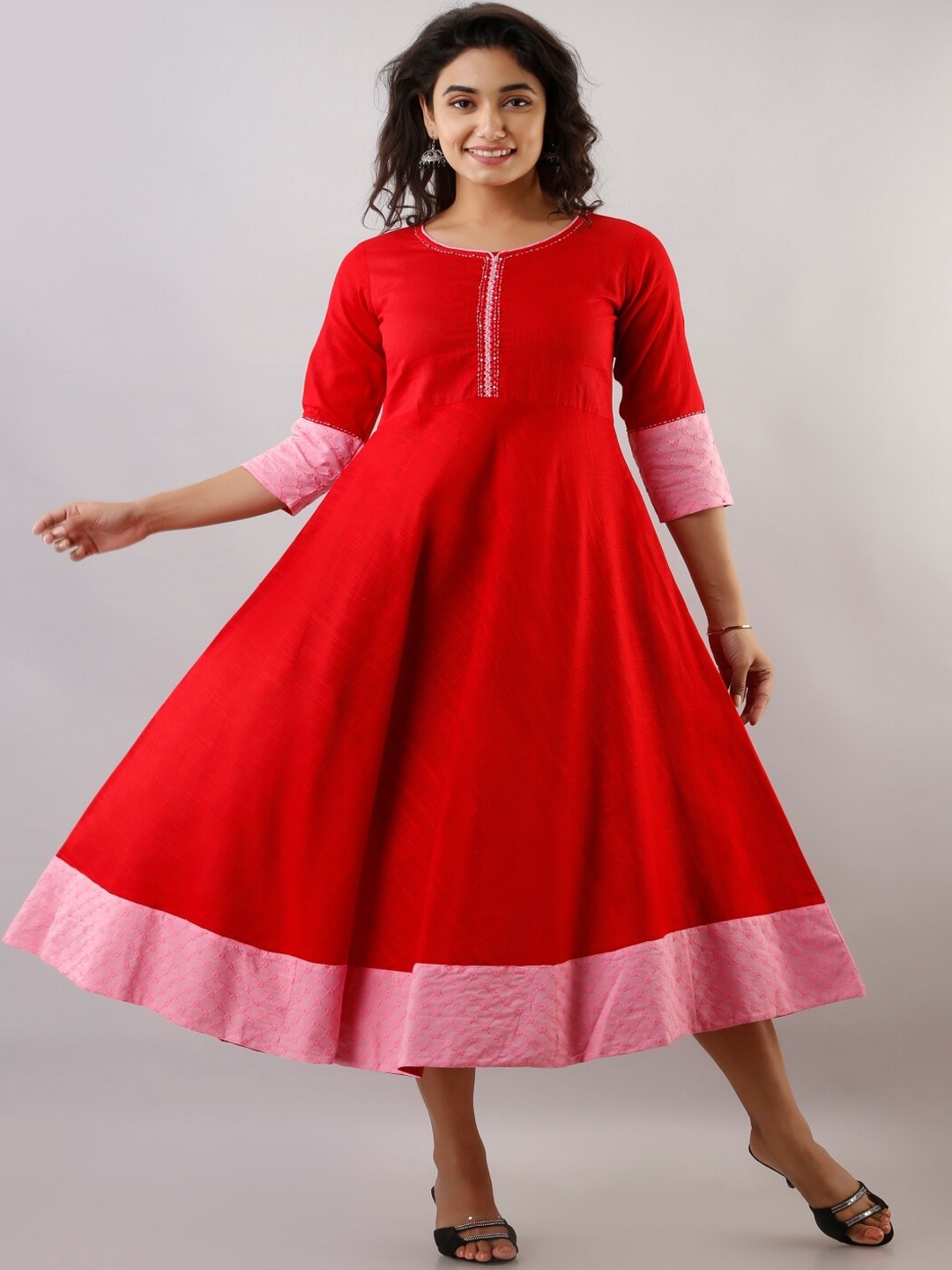 

KALINI A-line Cotton Ethnic Dress, Red