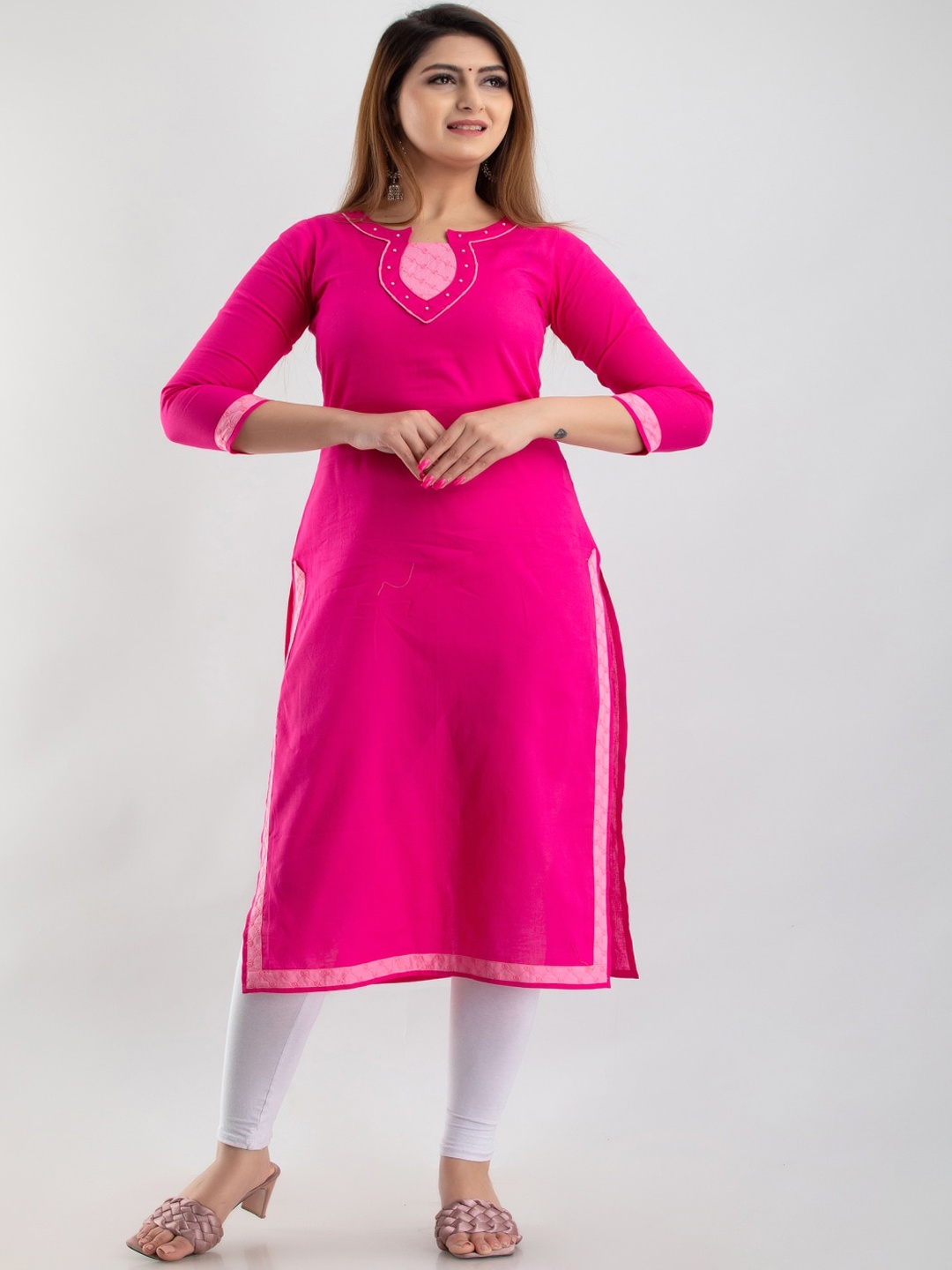 

KALINI Round Neck Thread Work Cotton Kurta, Rose
