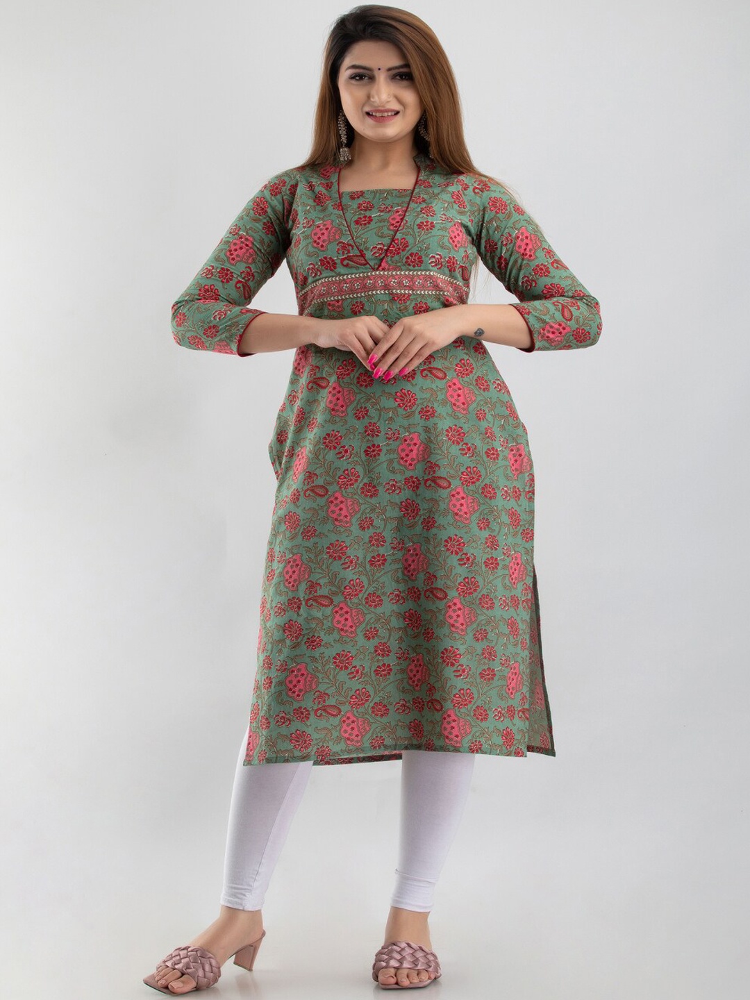 

KALINI Floral Printed Pure Cotton Kurta, Green