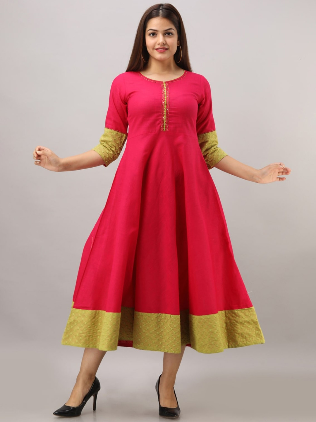 

KALINI Round Neck Cotton A-Line Ethnic Dress, Pink