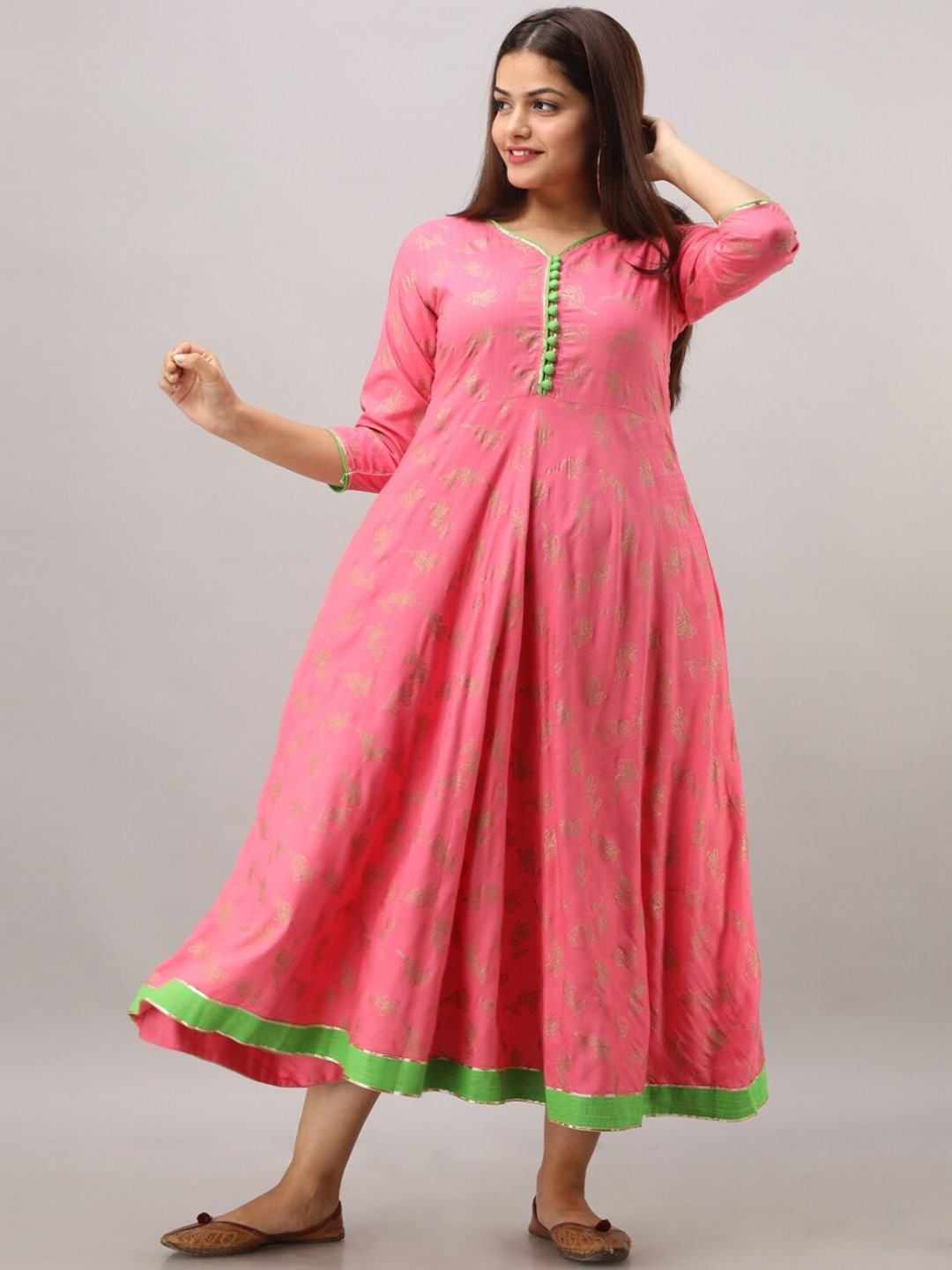 

KALINI Ethnic Motifs Printed Cotton A-Line Ethnic Dress, Pink