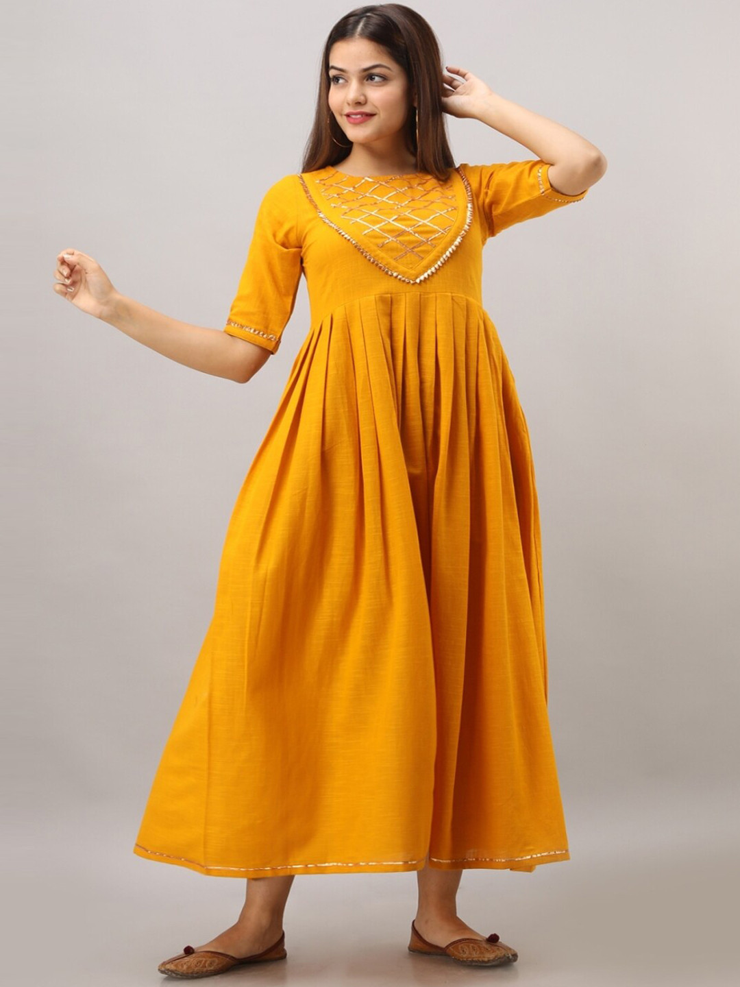 

KALINI Embroidered Round Neck Cotton Ethnic Dress, Mustard