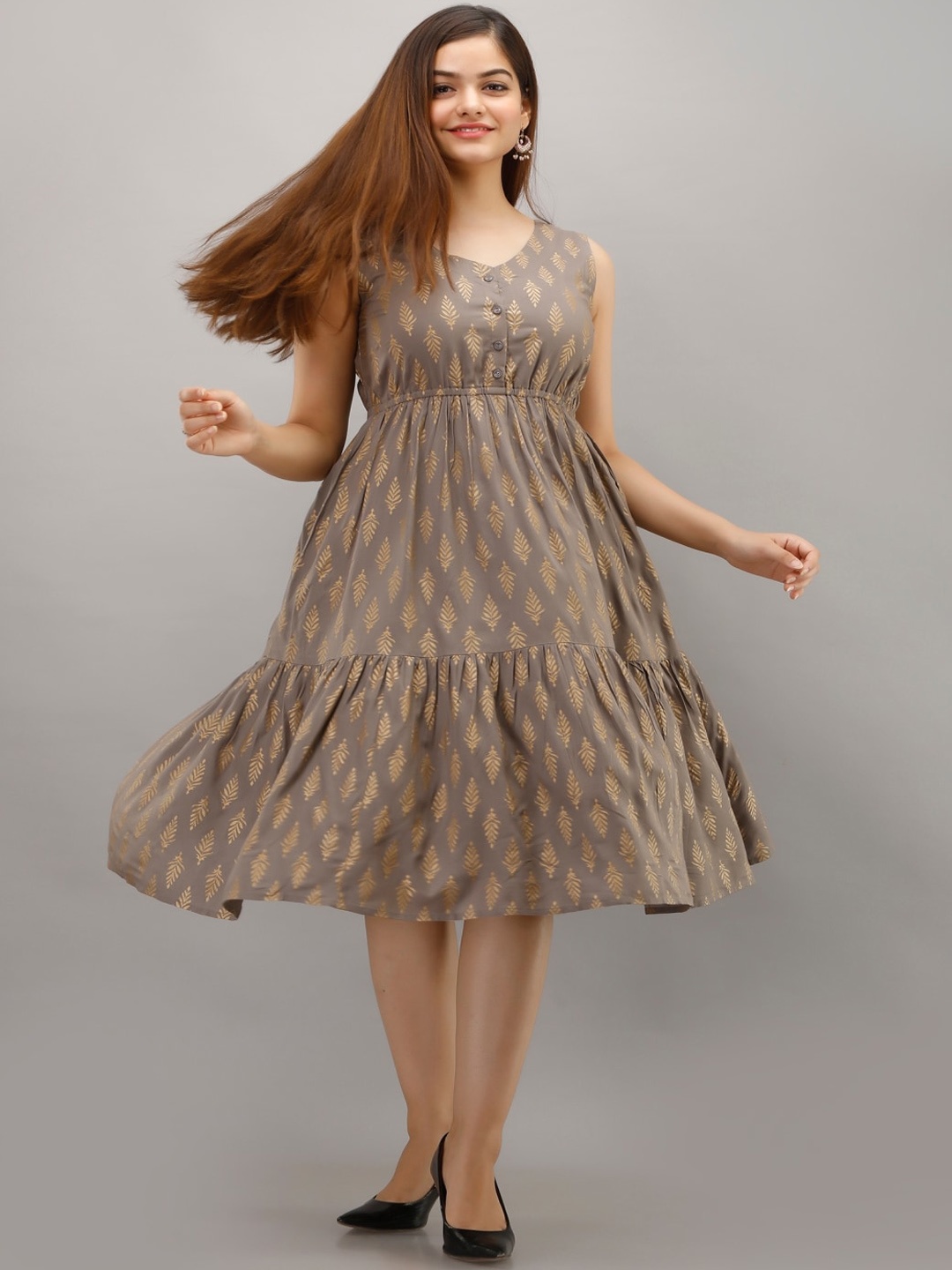 

KALINI Ethnic Motif Printed Tiered Midi Fit & Flare Ethnic Dress, Grey