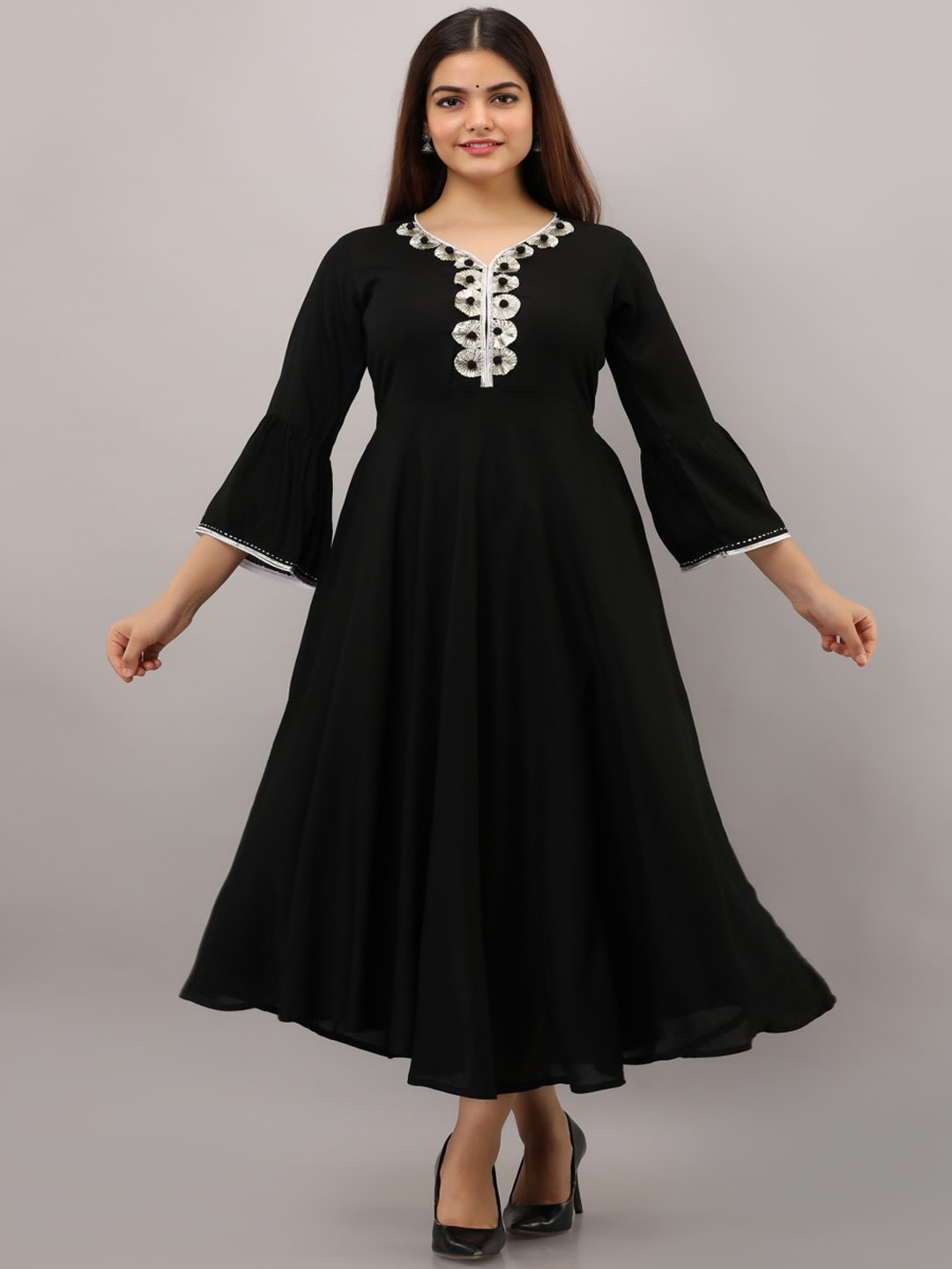 

KALINI V-Neck Bell Sleeves Embellished Detail Ethnic Dress, Black