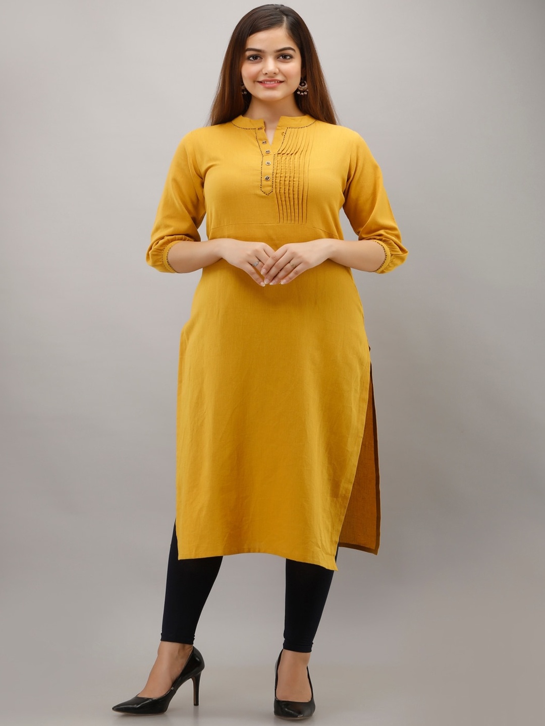 

KALINI Mandarin Collar Pure Cotton Kurta, Yellow