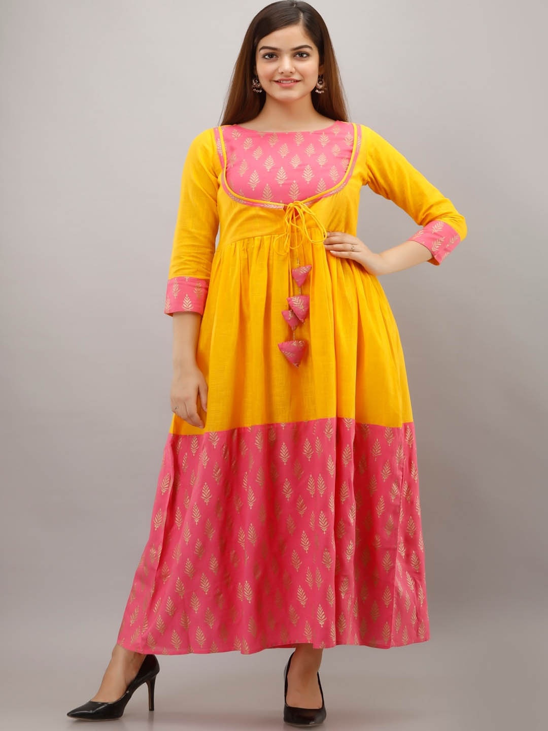

KALINI Ethnic Motifs Printed Cotton Ethnic Dresses, Yellow