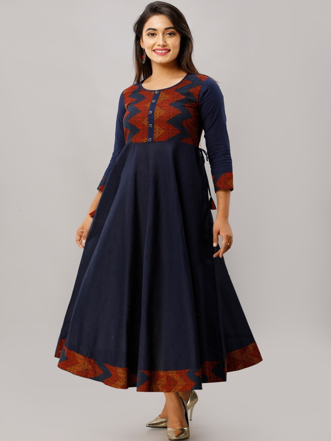 

KALINI Ethnic Motifs Printed Pure Cotton Fit & Flare Ethnic Dress, Navy blue