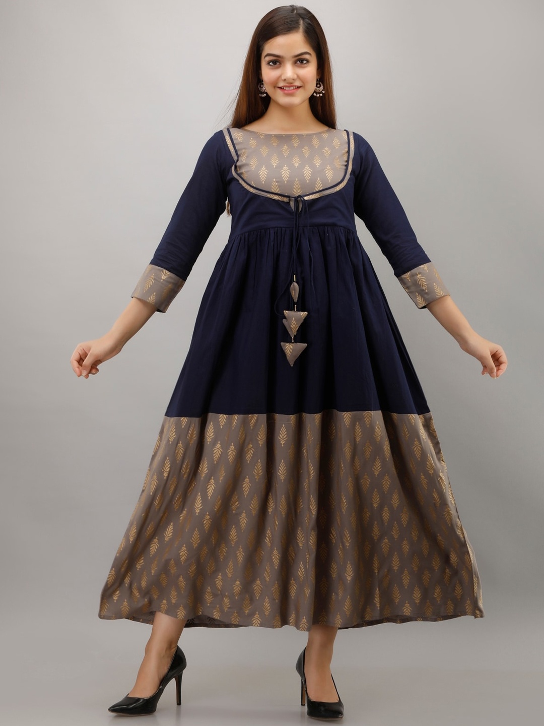

KALINI Ethnic Motifs Printed Cotton Empire Ethnic Dress, Navy blue