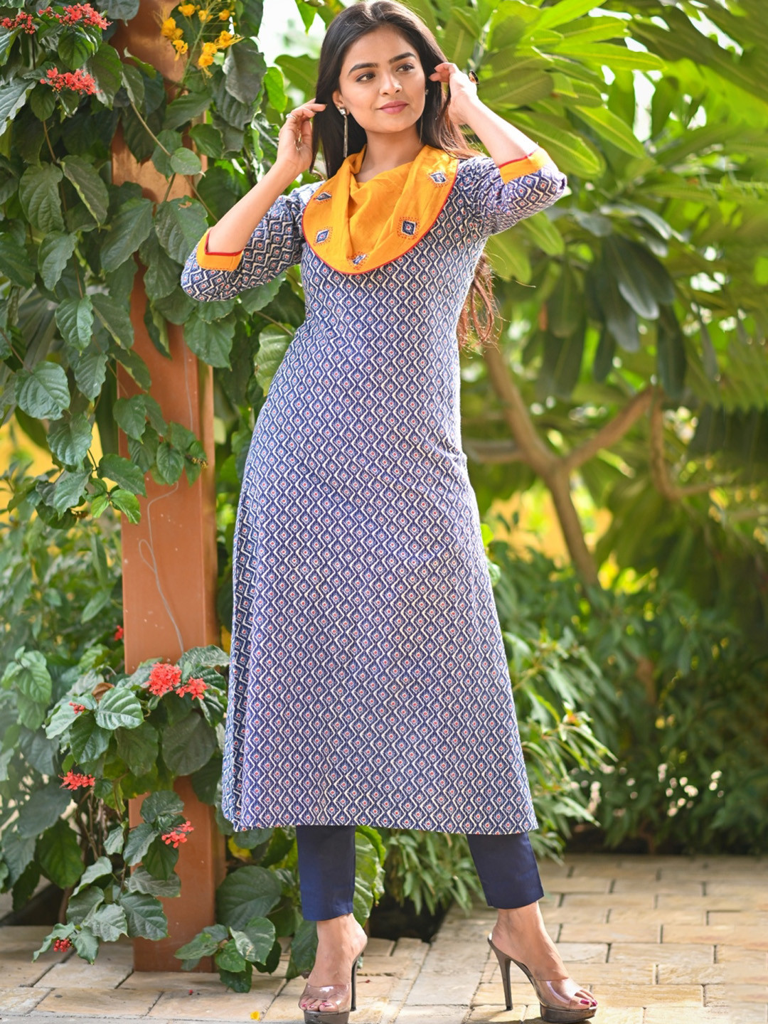 

KALINI Ethnic Motifs Printed Pure Cotton Ethnic Dress, Navy blue