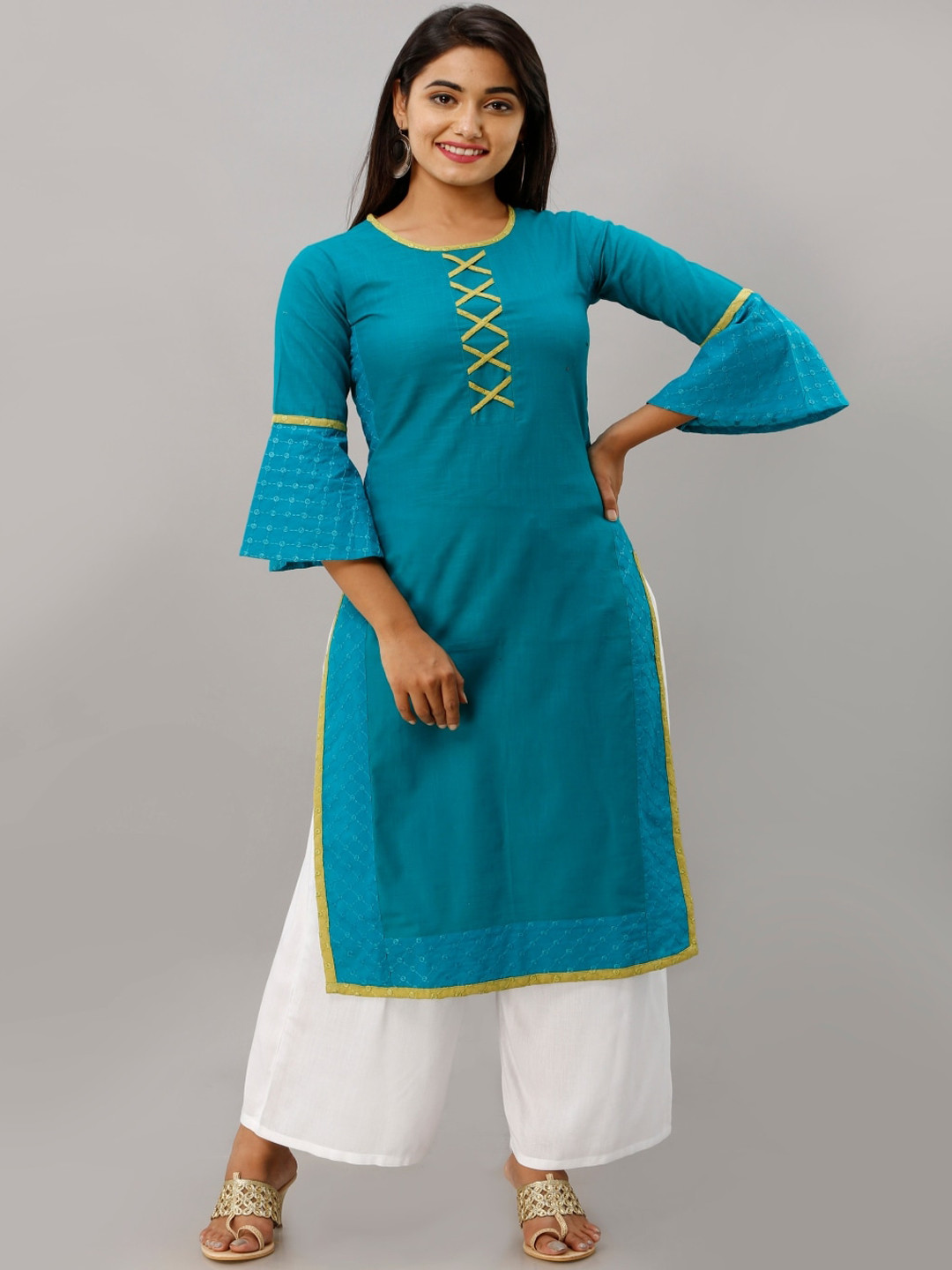 

KALINI Bell Sleeves Pure Cotton Kurta, Turquoise blue