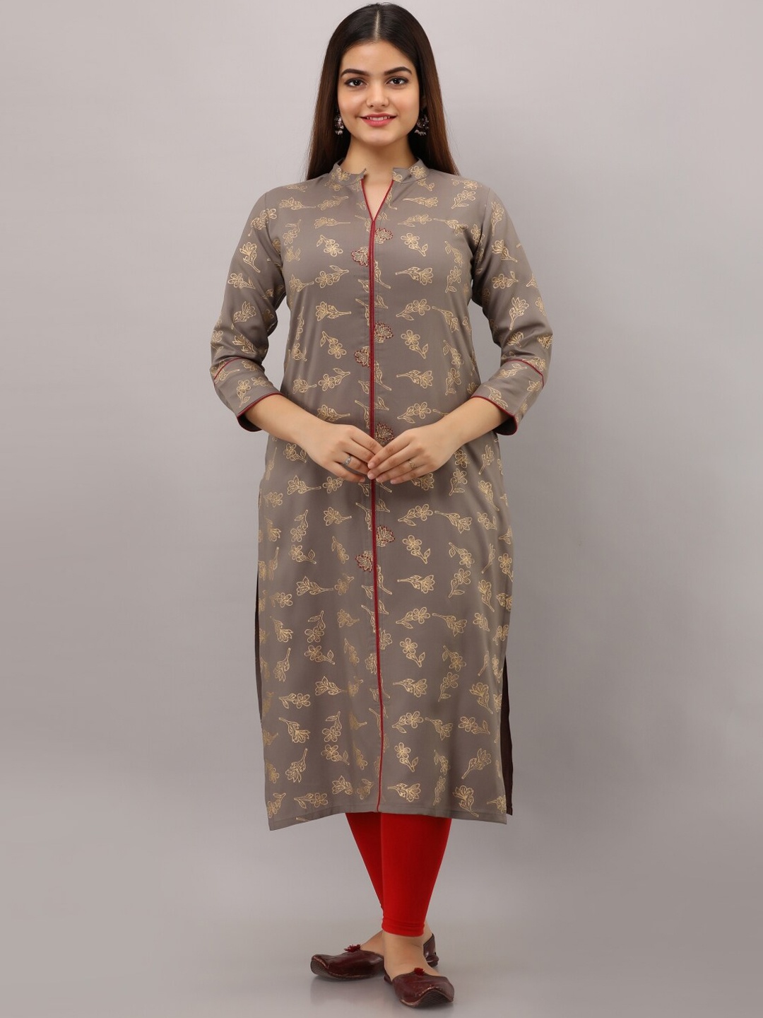 

KALINI Floral Printed Band Collar Thread Work Kurta, Grey