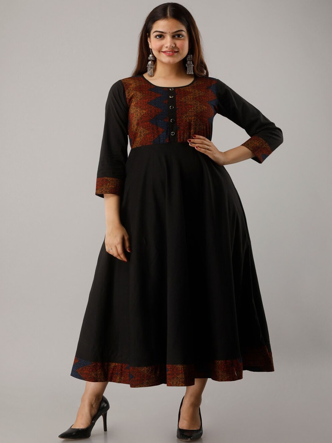 

KALINI Ethnic Motifs Printed Pure Cotton Ethnic Dress, Black