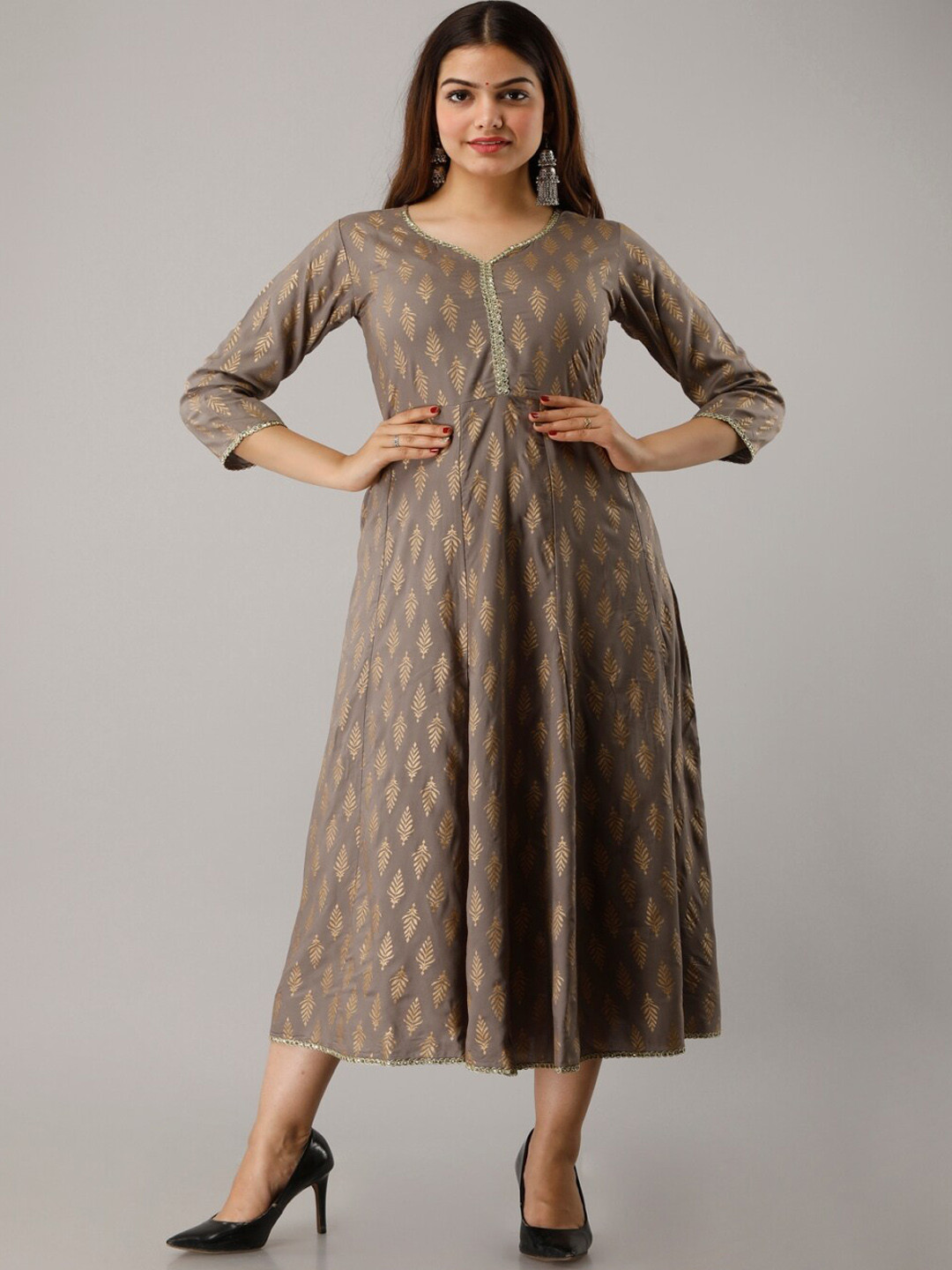 

KALINI Ethnic Motifs Printed Gotta Patti Ethnic Dress, Grey