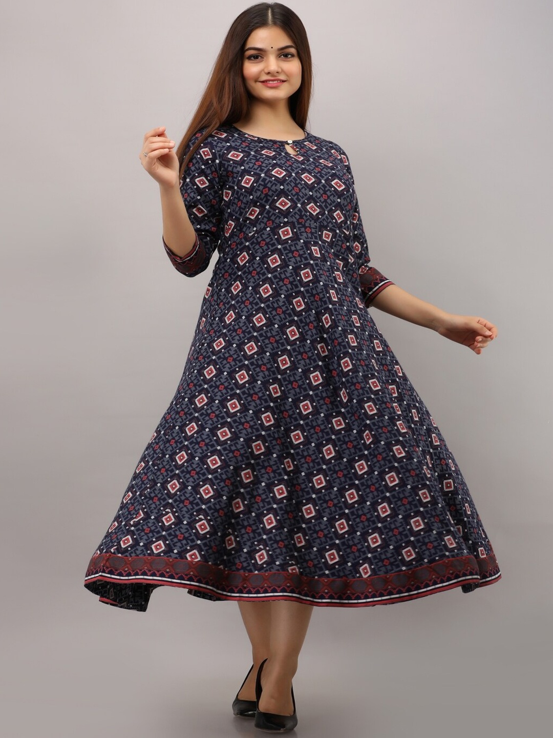 

KALINI Ethnic Motifs Printed Keyhole Neck A-Line Ethnic Dress, Blue