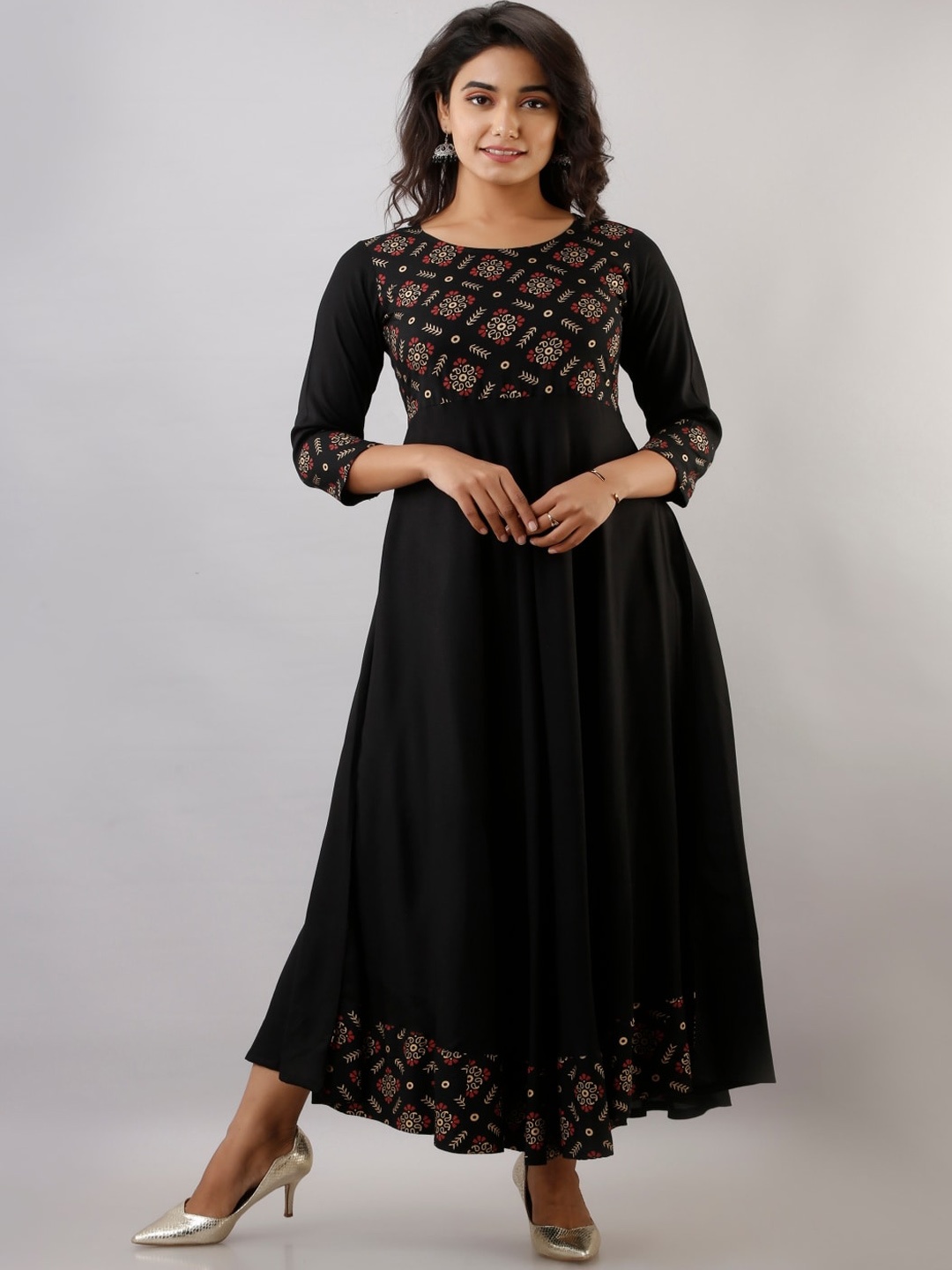 

KALINI Ethnic Motifs Printed A-Line Ethnic Dress, Black