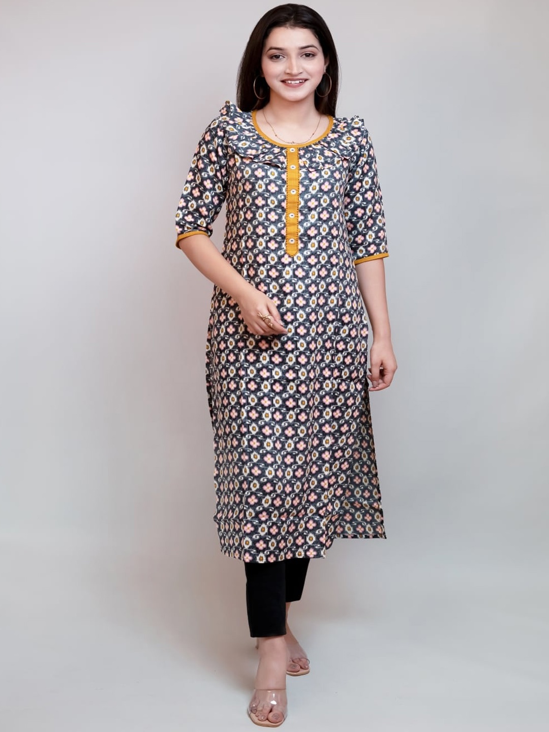 

KALINI Floral Printed Ikat Kurta, Grey