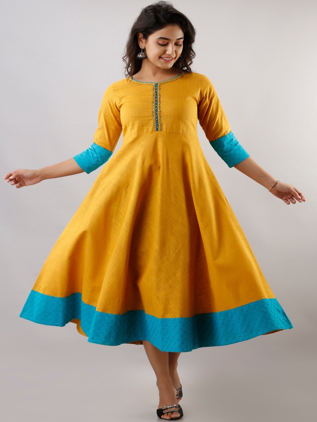 

KALINI Round Neck Pure Cotton A-line Ethnic Dress, Mustard