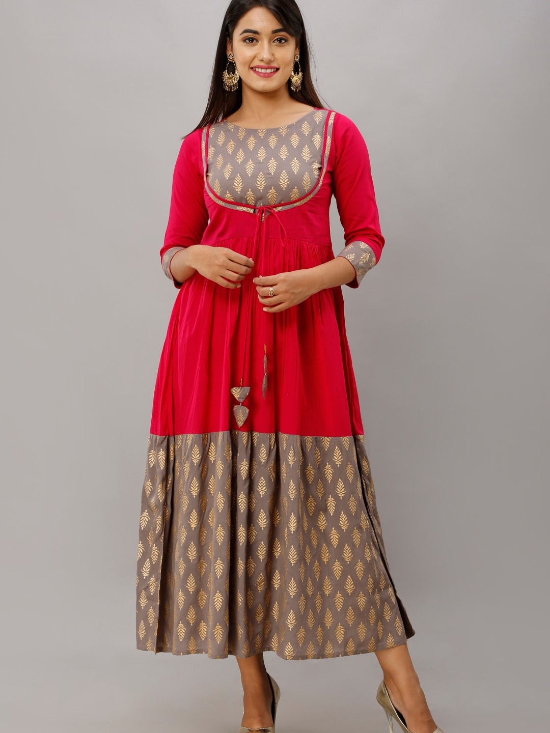 

KALINI Ethnic Motifs Printed Pure Cotton A-line Ethnic Dress, Pink