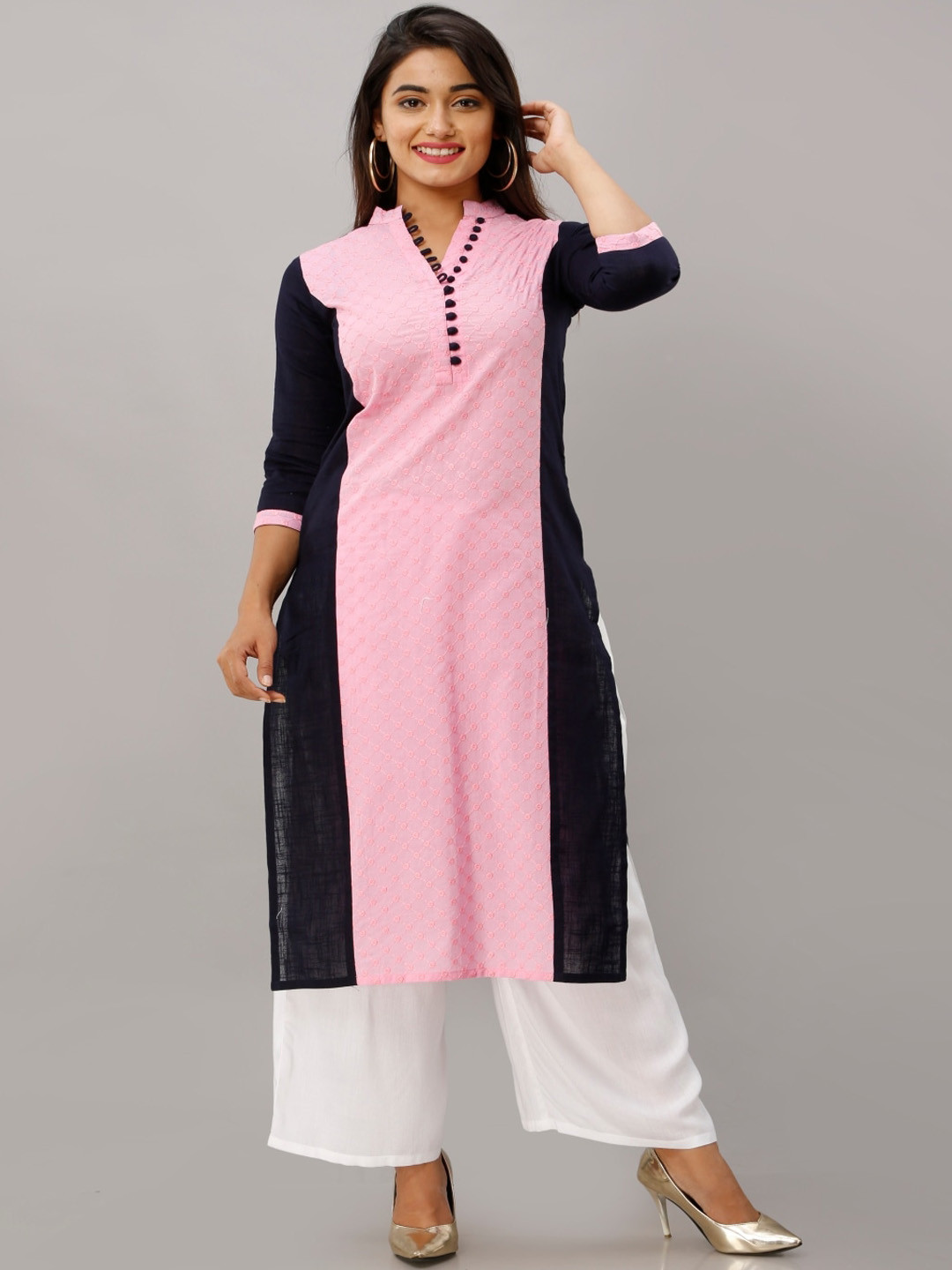 

KALINI Colourblocked Mandarin Collar Chikankari Cotton Kurta, Pink