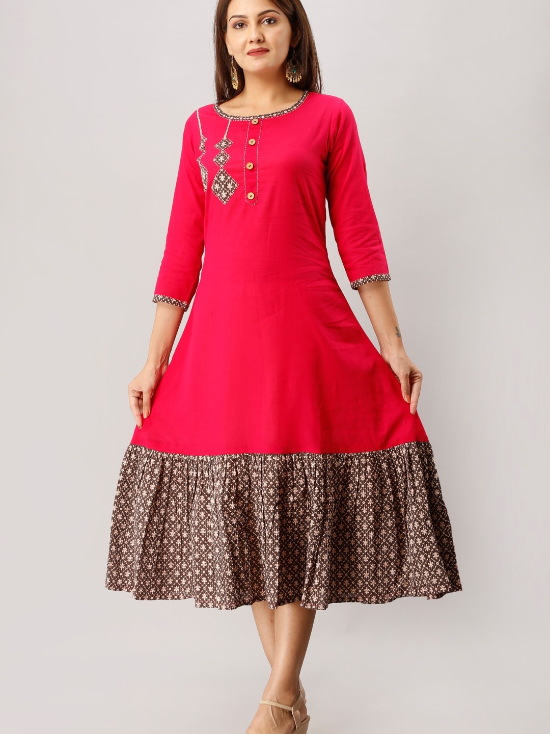 

KALINI Ethnic Motif Embroidered Sequinned A-Line Cotton Ethnic Dress, Pink