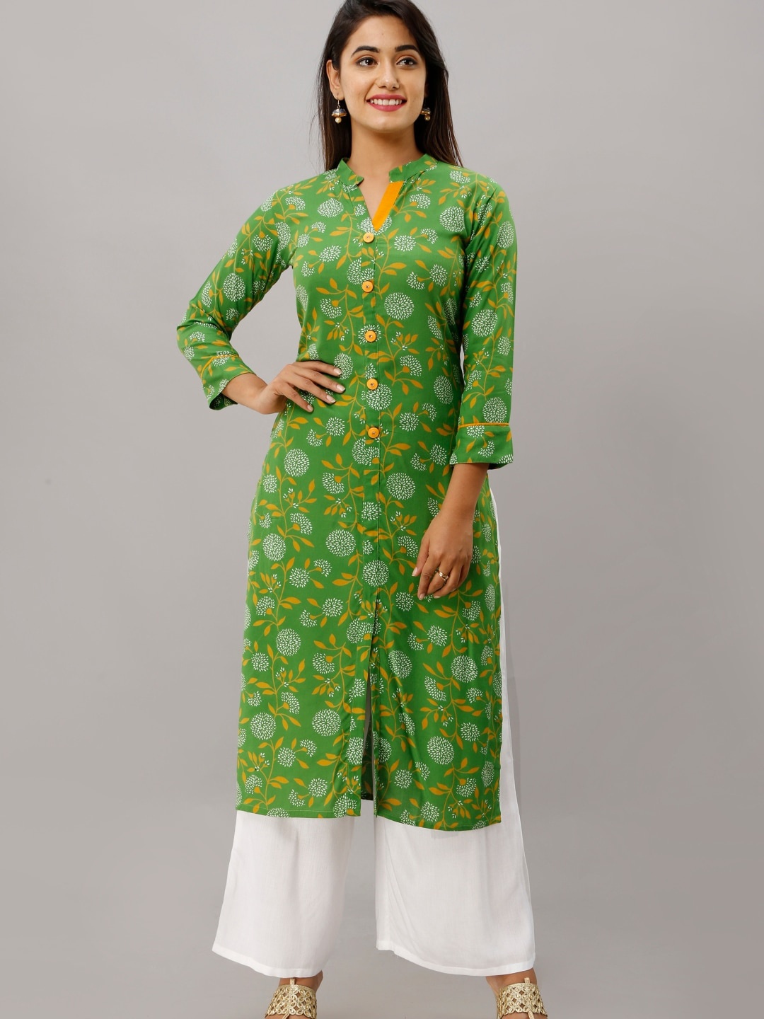 

KALINI Floral Printed Band Collar Rayon Straight Kurta, Green