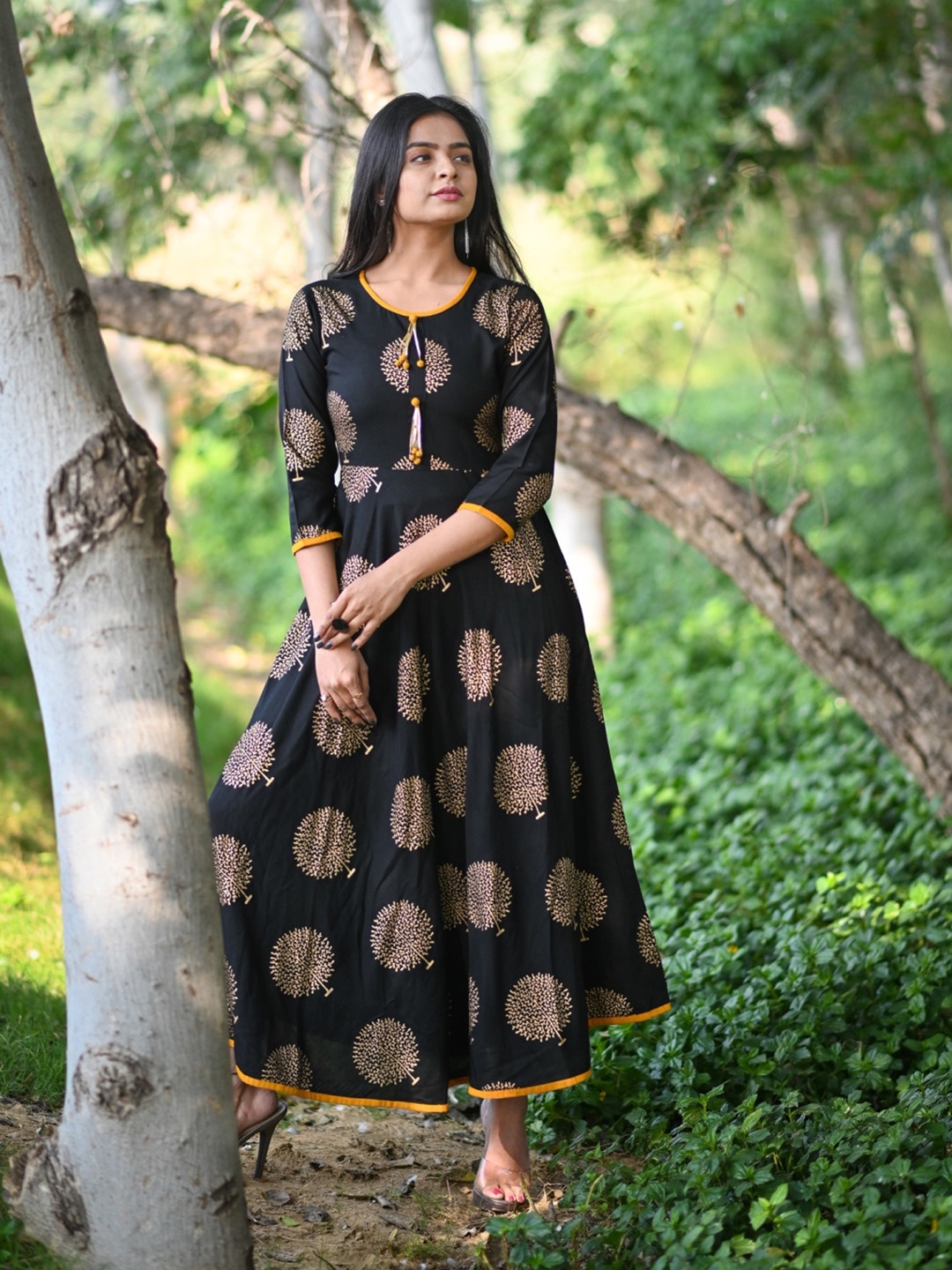 

KALINI Ethnic Motif Printed Fit & Flare Rayon Ethnic Dress, Black