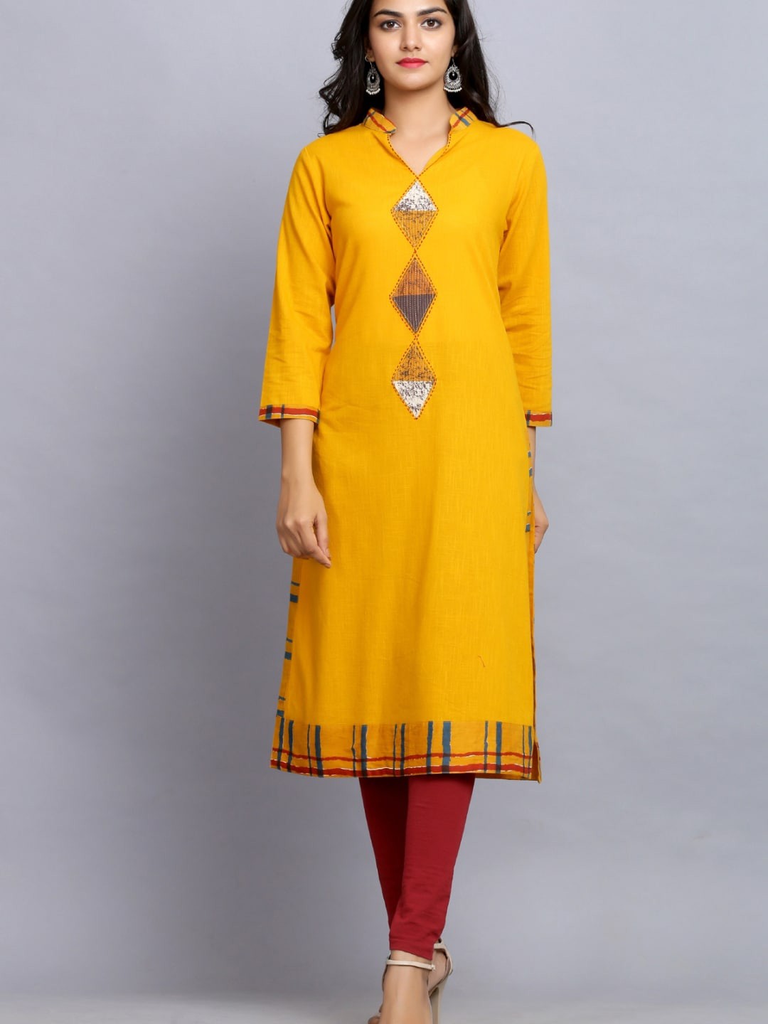 

KALINI Tribal Embroidered Band Collar Cotton Kurta, Mustard