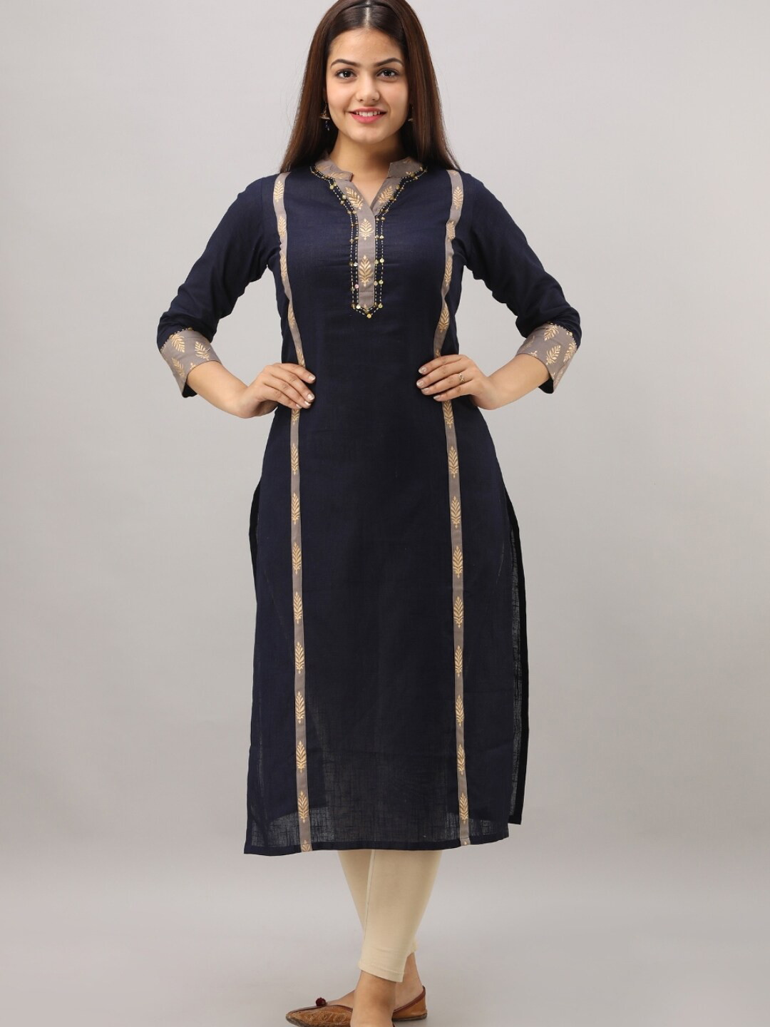 

KALINI Yoke Design Band Collar Sequinned Cotton Straight Kurta, Navy blue