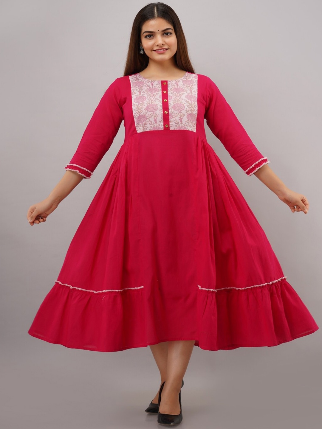 

KALINI Ethnic Motif Printed Cotton Fit & Flare Ethnic Dress, Pink