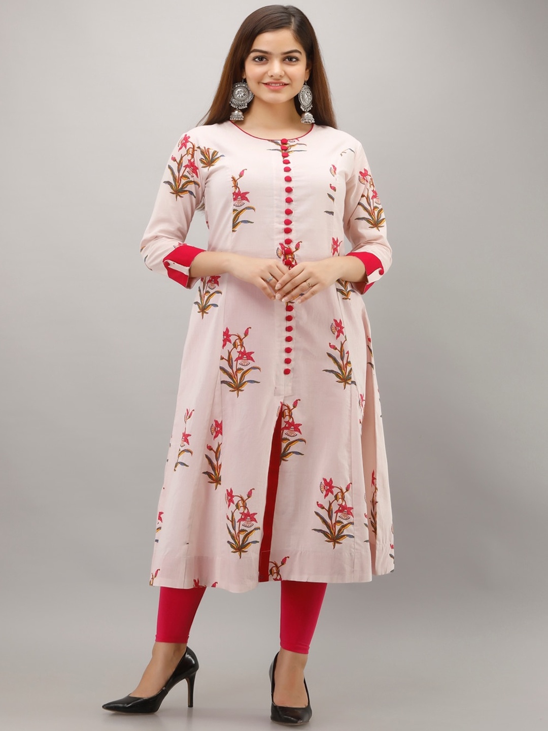 

KALINI Floral Printed Roll Up Sleeves Cotton A-line Kurta, Red