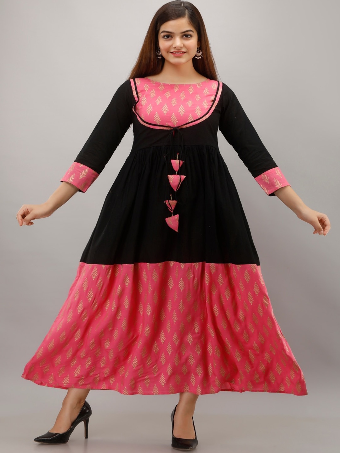 

KALINI Ethnic Motif Printed Boat Neck Cotton A-Line Ethnic Dress, Black