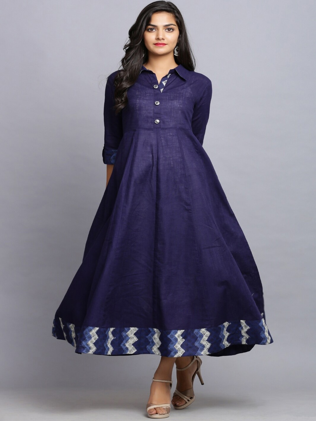 

KALINI Shirt Collar Roll Up Sleeves Cotton A-Line Ethnic Dress, Navy blue