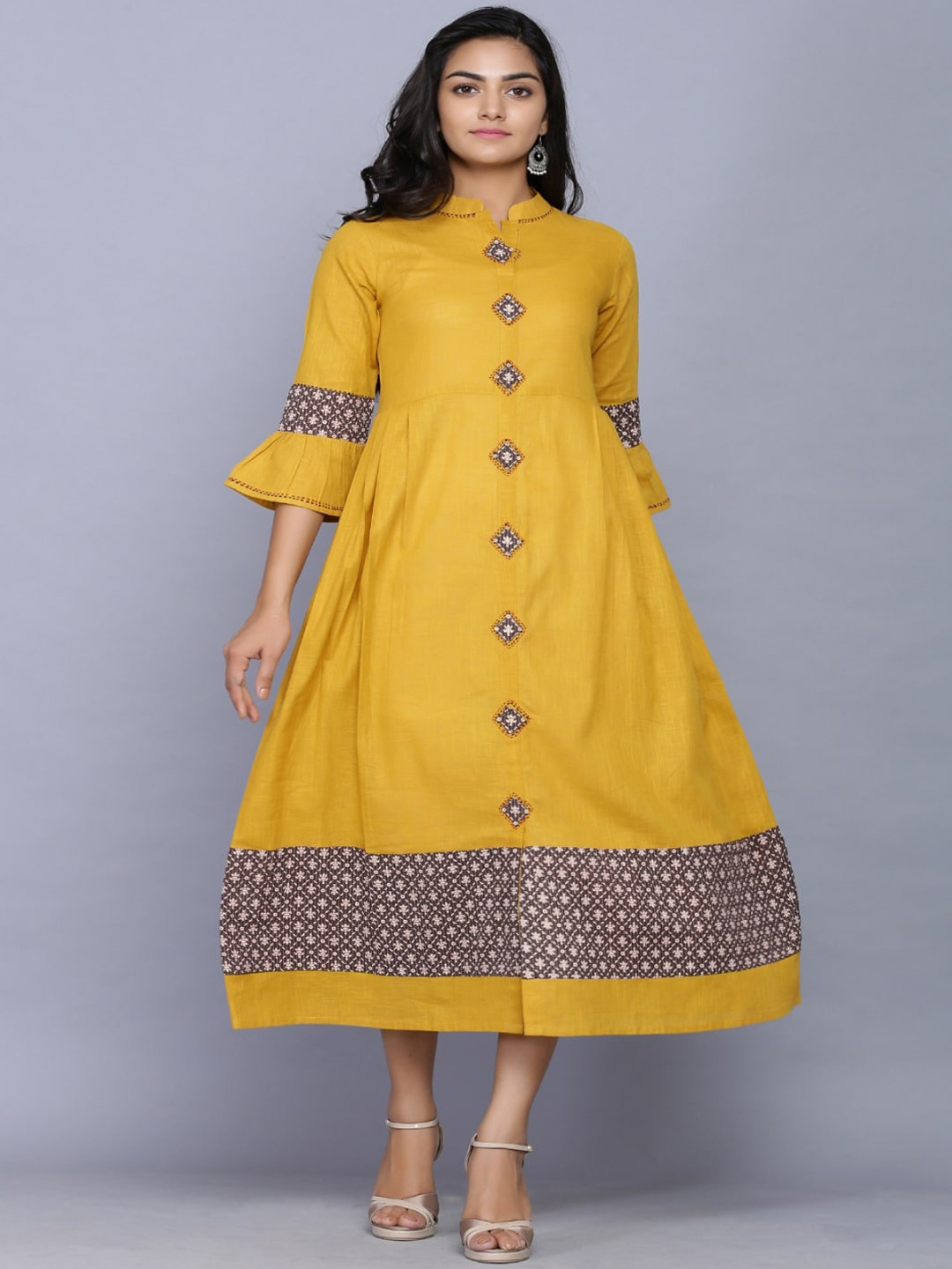 

KALINI Mandarin Collar Bell Sleeves Cotton Fit & Flare Ethnic Dress, Mustard