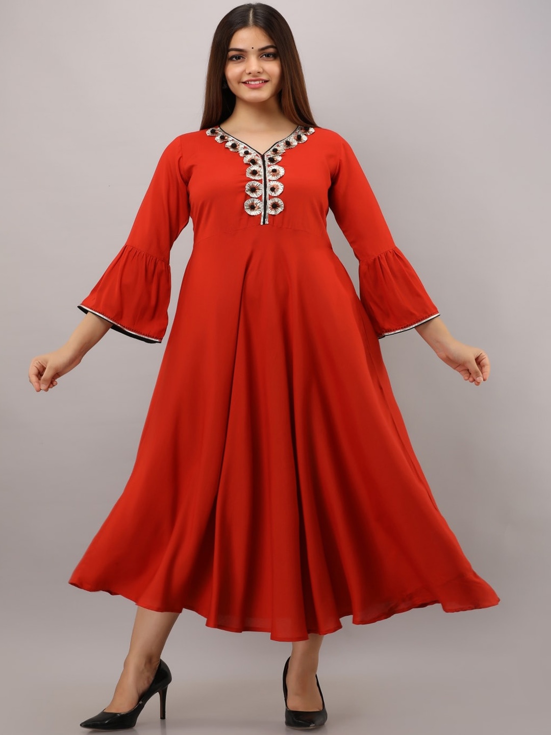 

KALINI Embellished V Neck Bell Sleeves Fit & Flare Ethnic Dress, Red