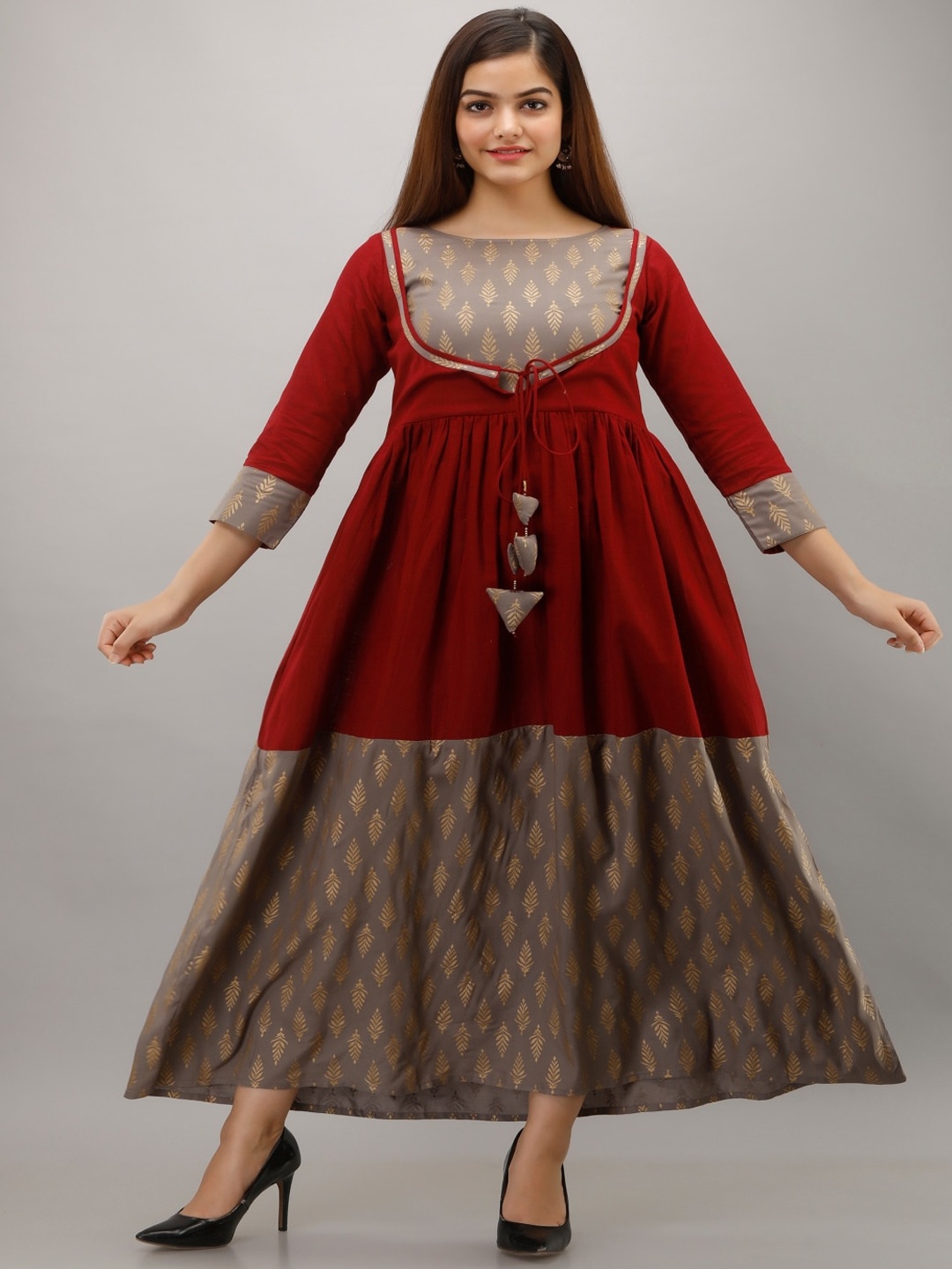 

KALINI Ethnic Motifs Printed Cotton Fit & Flare Maxi Ethnic Dress, Maroon