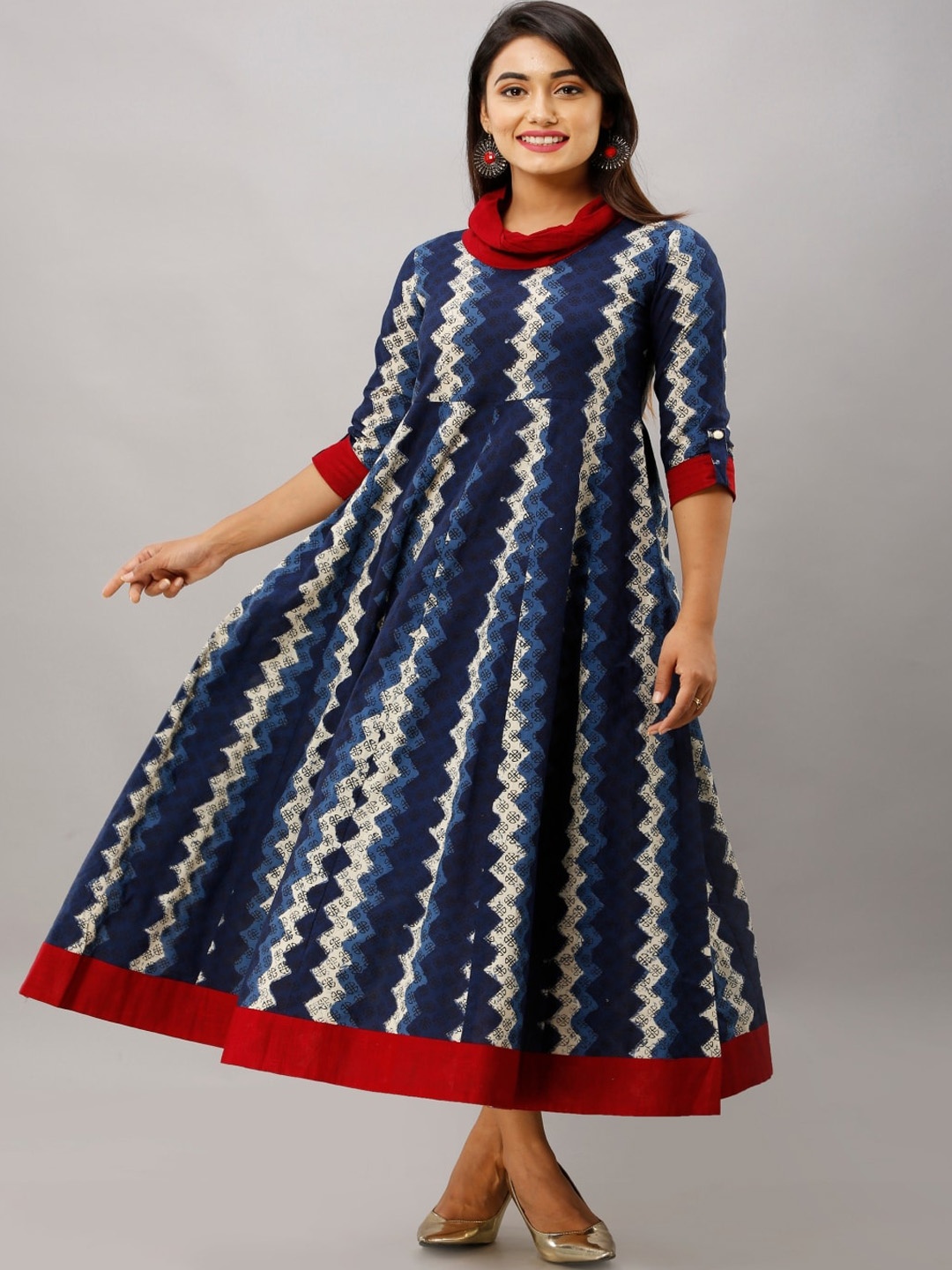 

KALINI Geometric Printed Cotton A-line Ethnic Dress, Blue