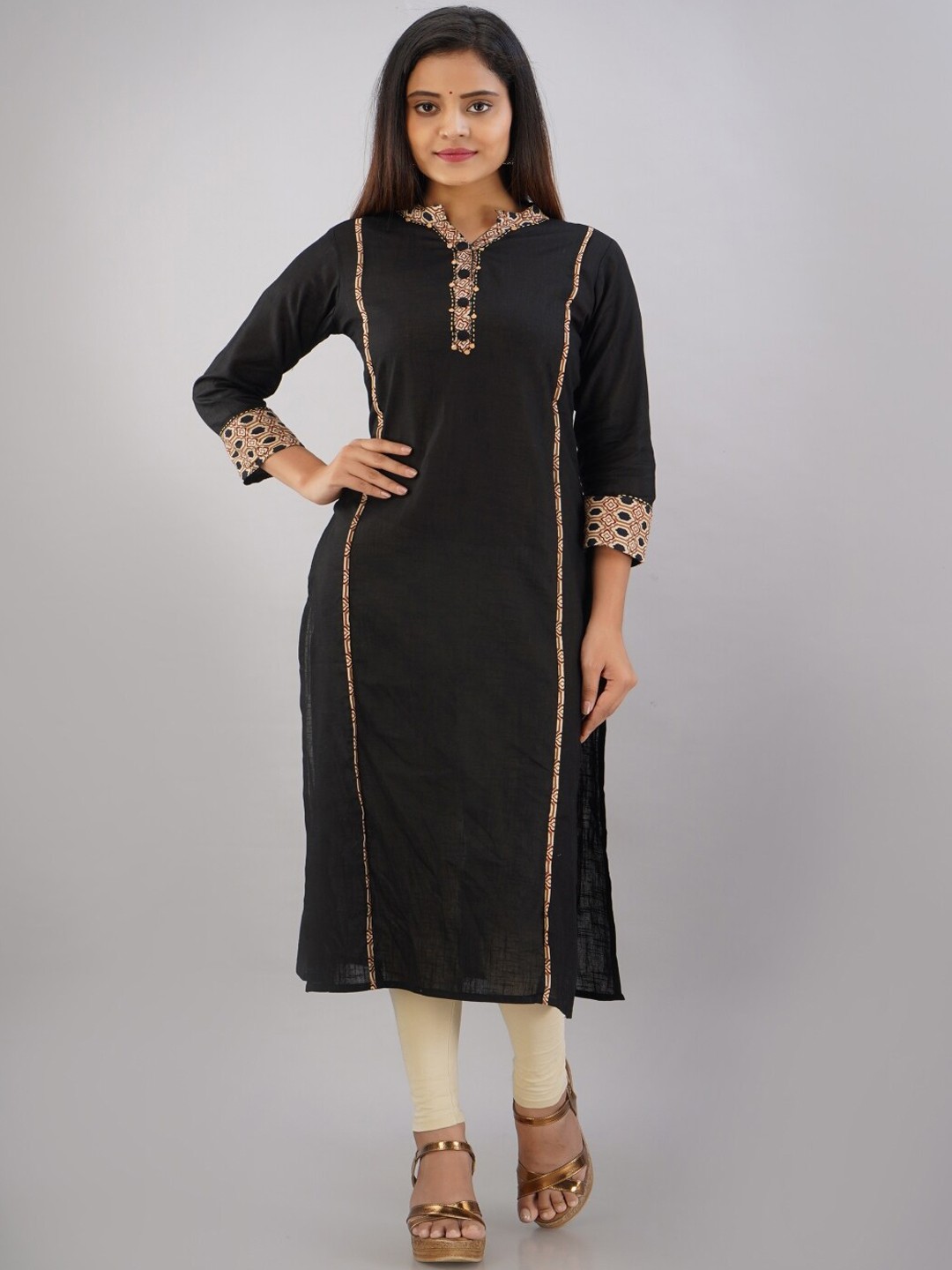 

KALINI Printed Panelled Straight Cotton Kurta, Black