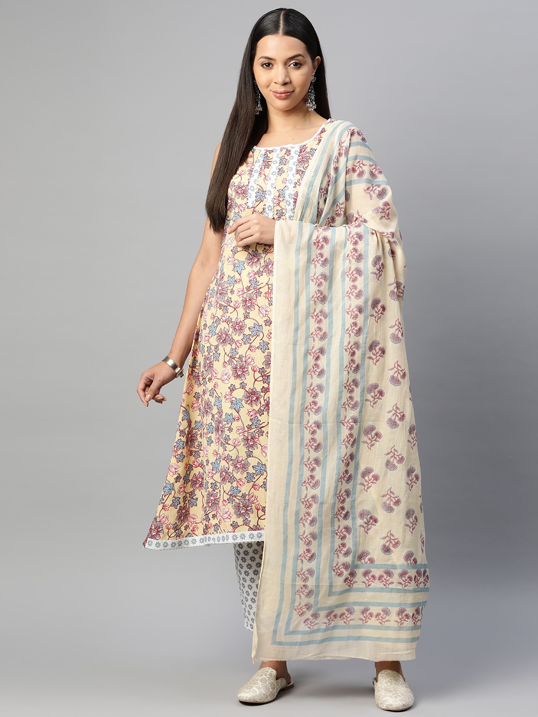 

BUTA BUTI Floral Printed Gotta Patti Pure Cotton Unstitched Dress Material, Yellow